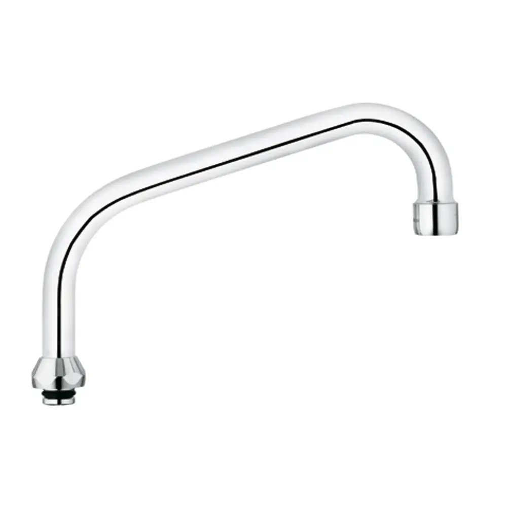 Chromfarbener Wasserhahn-Auslauf von Kludi mit einem gebogenen Design und zwei Anschlussgewinden, geeignet für verschiedene Installationen.